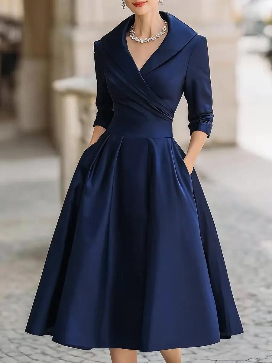 Vintage Satin Draped Collar Elegant Silhouette - Midi Dress CAAYWORLD