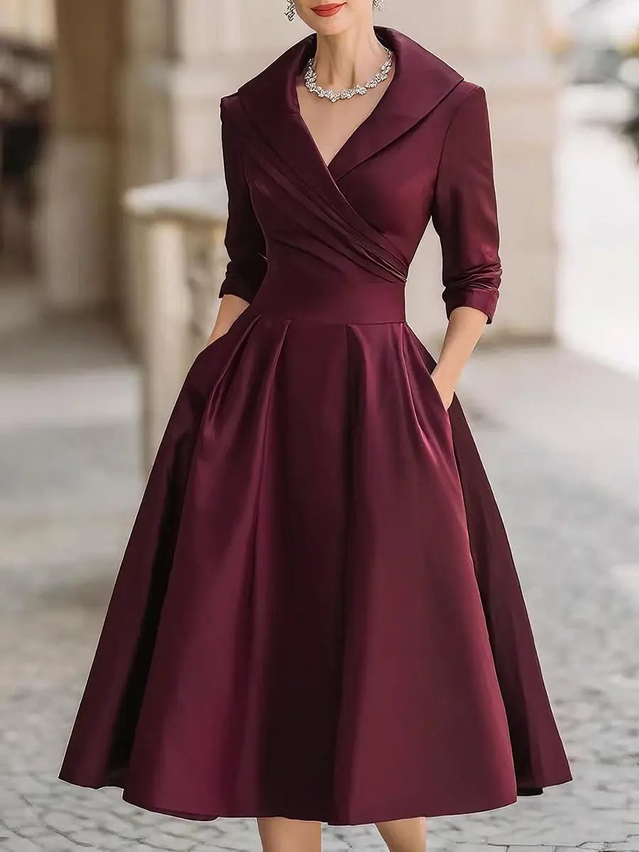 Vintage Satin Draped Collar Elegant Silhouette - Midi Dress CAAYWORLD