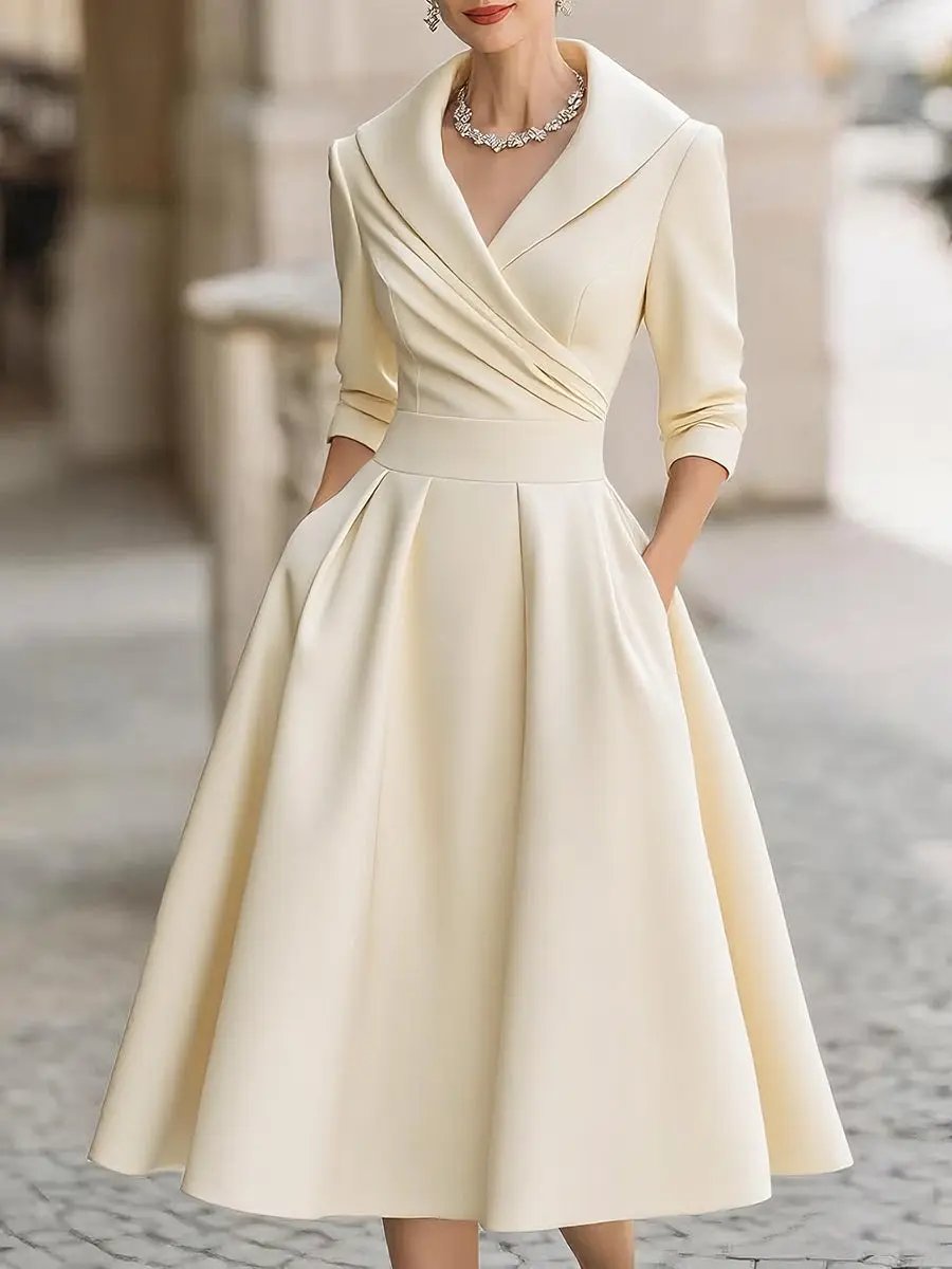 Vintage Satin Draped Collar Elegant Silhouette - Midi Dress CAAYWORLD