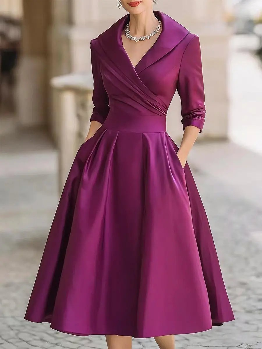 Vintage Satin Draped Collar Elegant Silhouette - Midi Dress CAAYWORLD