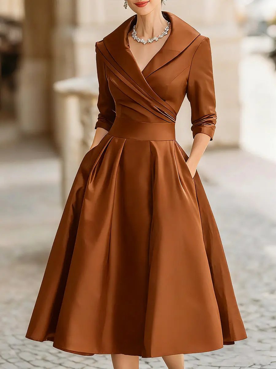 Vintage Satin Draped Collar Elegant Silhouette - Midi Dress CAAYWORLD