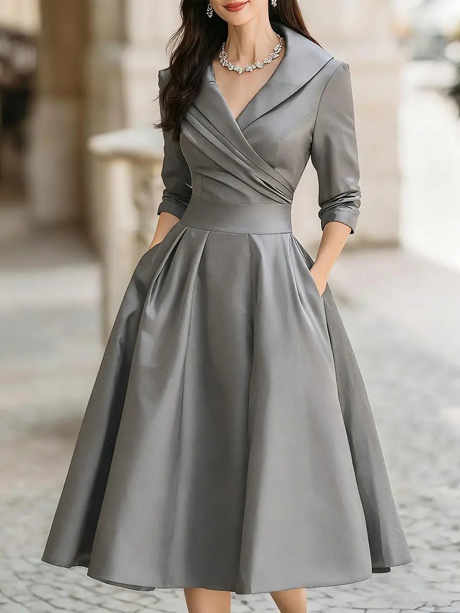 Vintage Satin Draped Collar Elegant Silhouette - Midi Dress CAAYWORLD