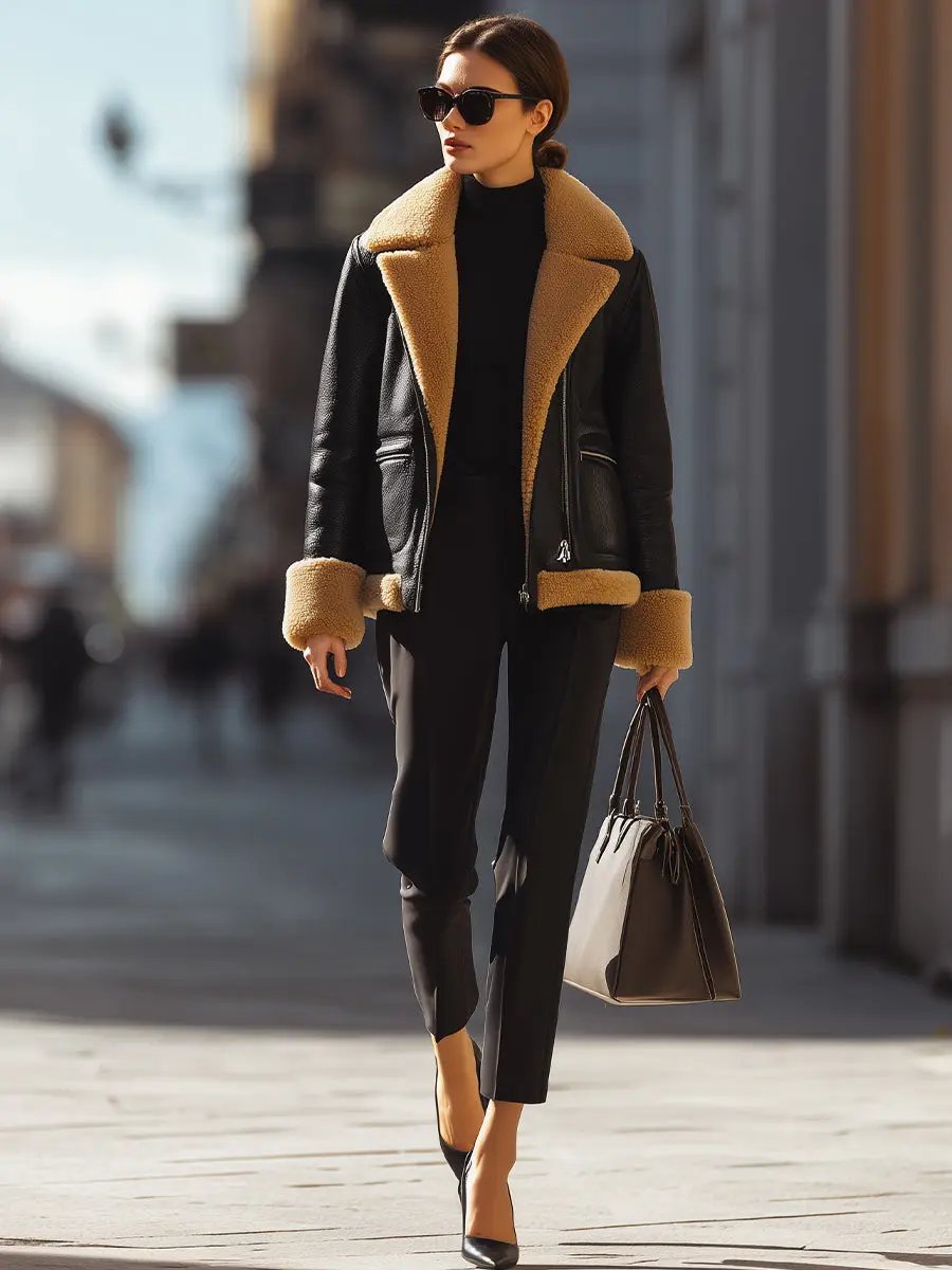Warm Black Shearling-Lined Aviator - Jacket CAAYWORLD