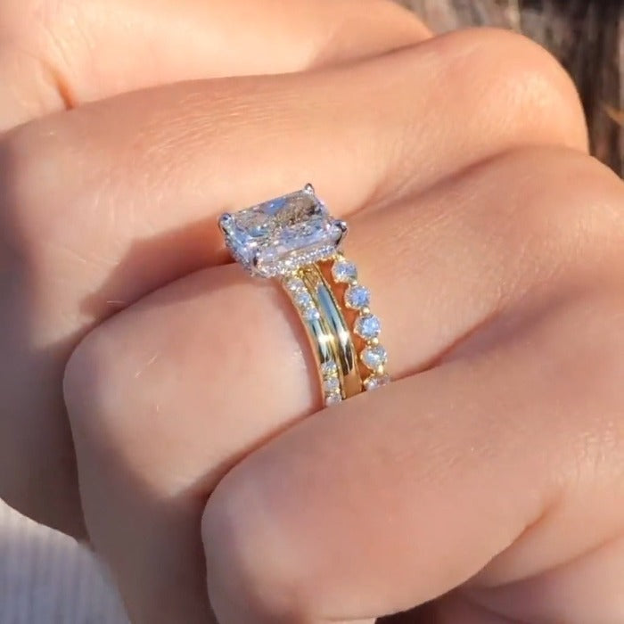 3PCS Hidden Halo Radiant Cut Bridal Ring Set Shineofdiamond
