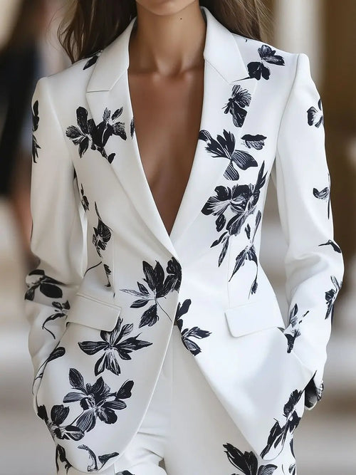 White Blazer with Bold Black Floral Print - Women's Blazer CAAYWORLD