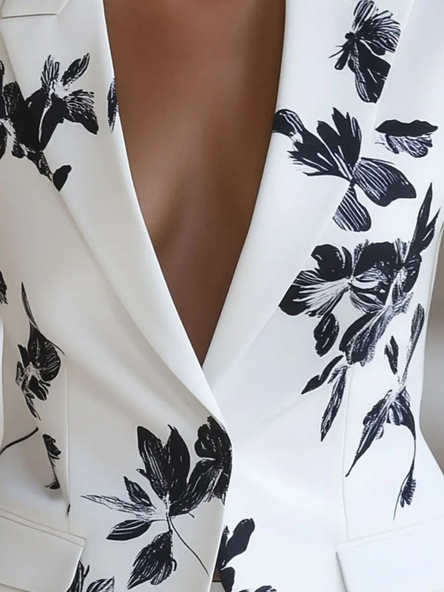 White Blazer with Bold Black Floral Print - Women's Blazer CAAYWORLD