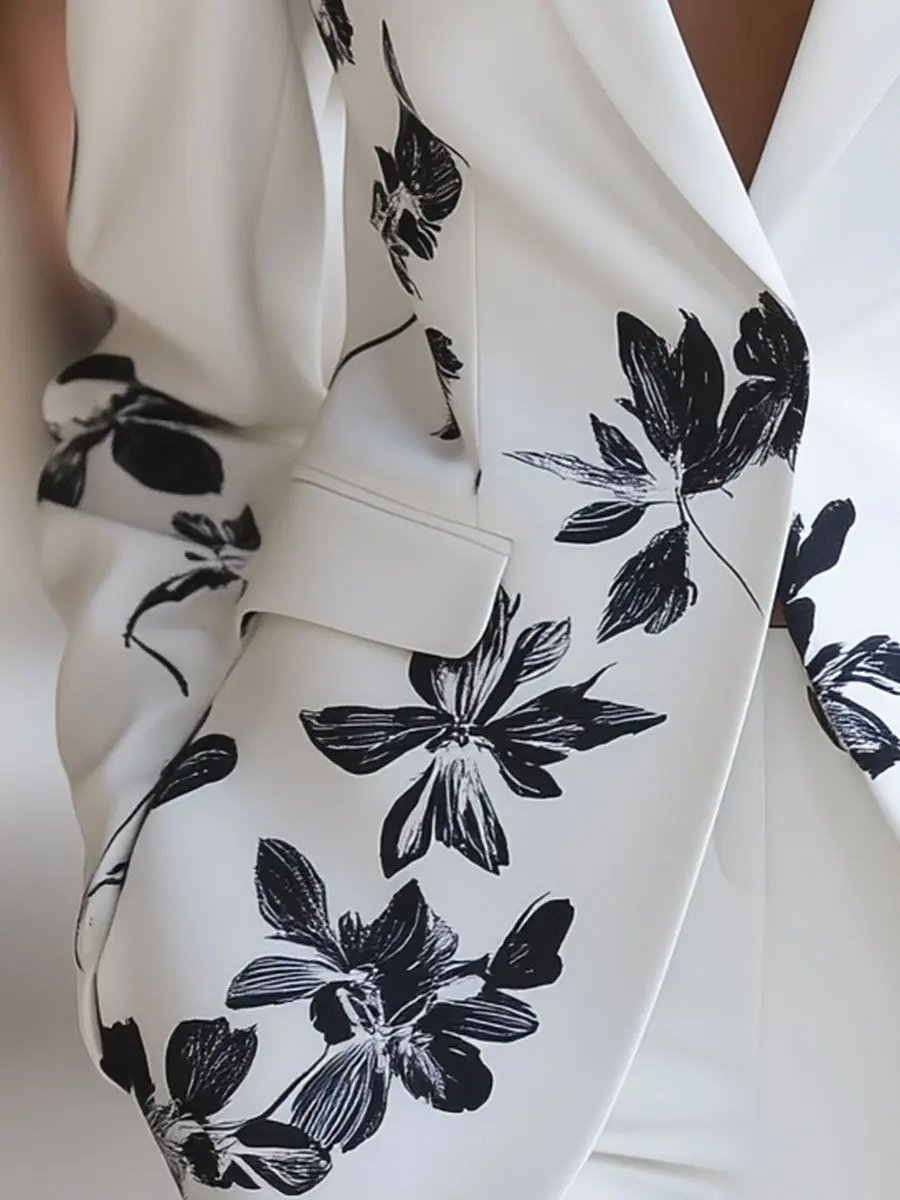 White Blazer with Bold Black Floral Print - Women's Blazer CAAYWORLD