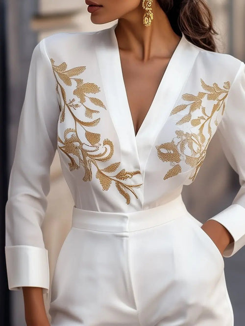 White Blouse with Gold Floral Embroidery - Blouse CAAYWORLD
