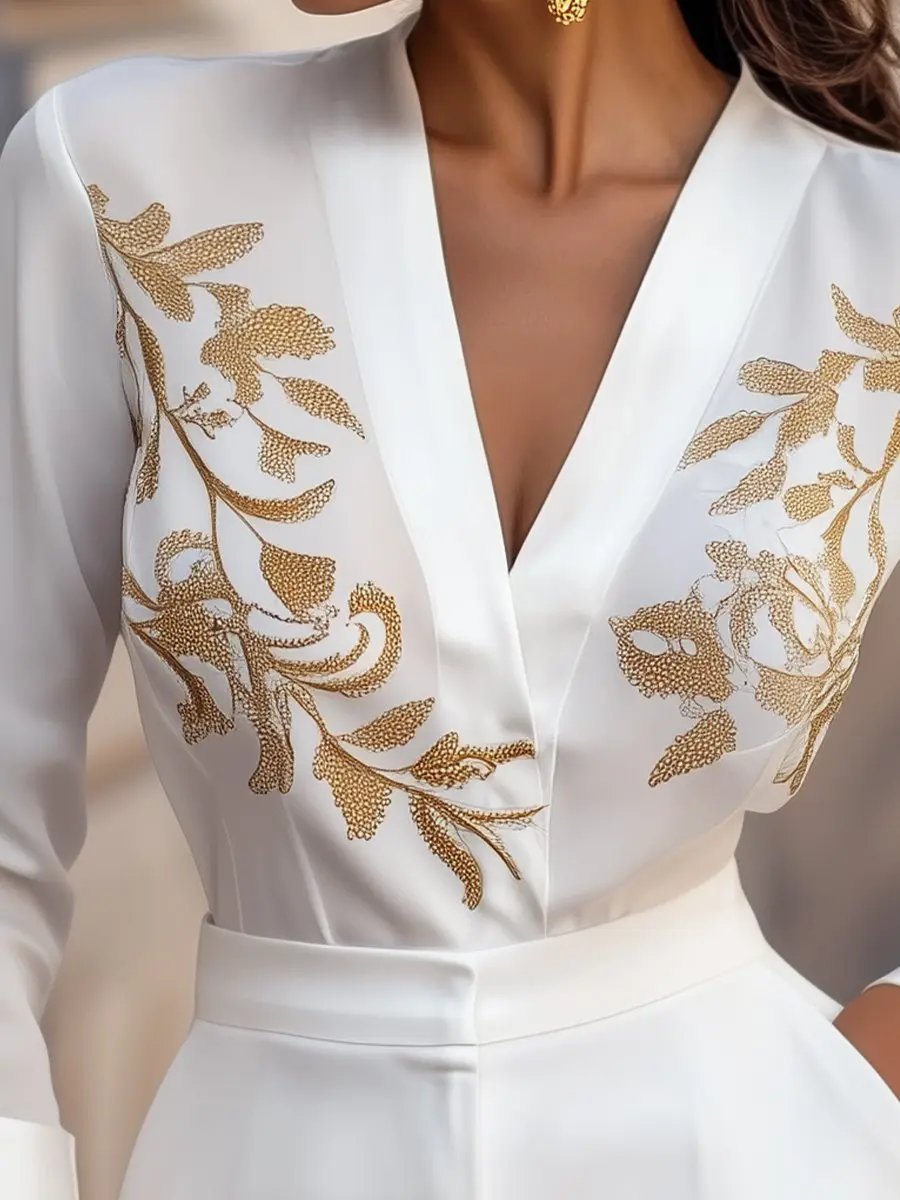 White Blouse with Gold Floral Embroidery - Blouse CAAYWORLD