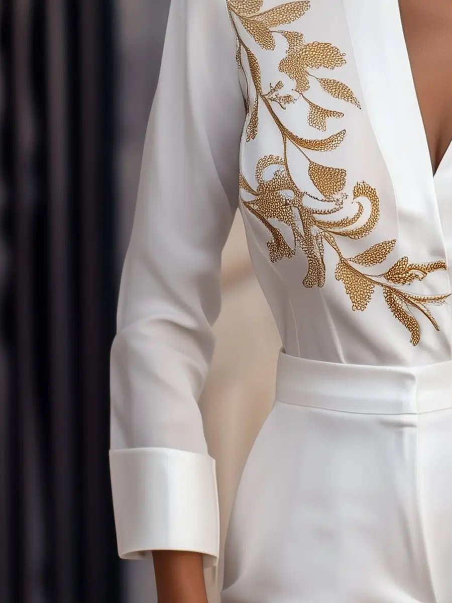 White Blouse with Gold Floral Embroidery - Blouse CAAYWORLD