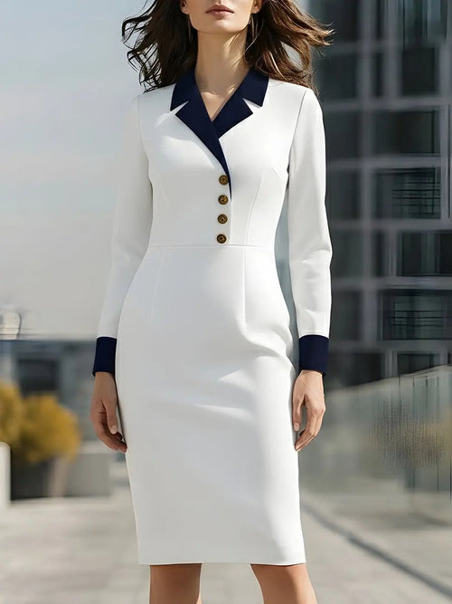 White Contrast Collar Gold-Button Detail - Midi Dress CAAYWORLD