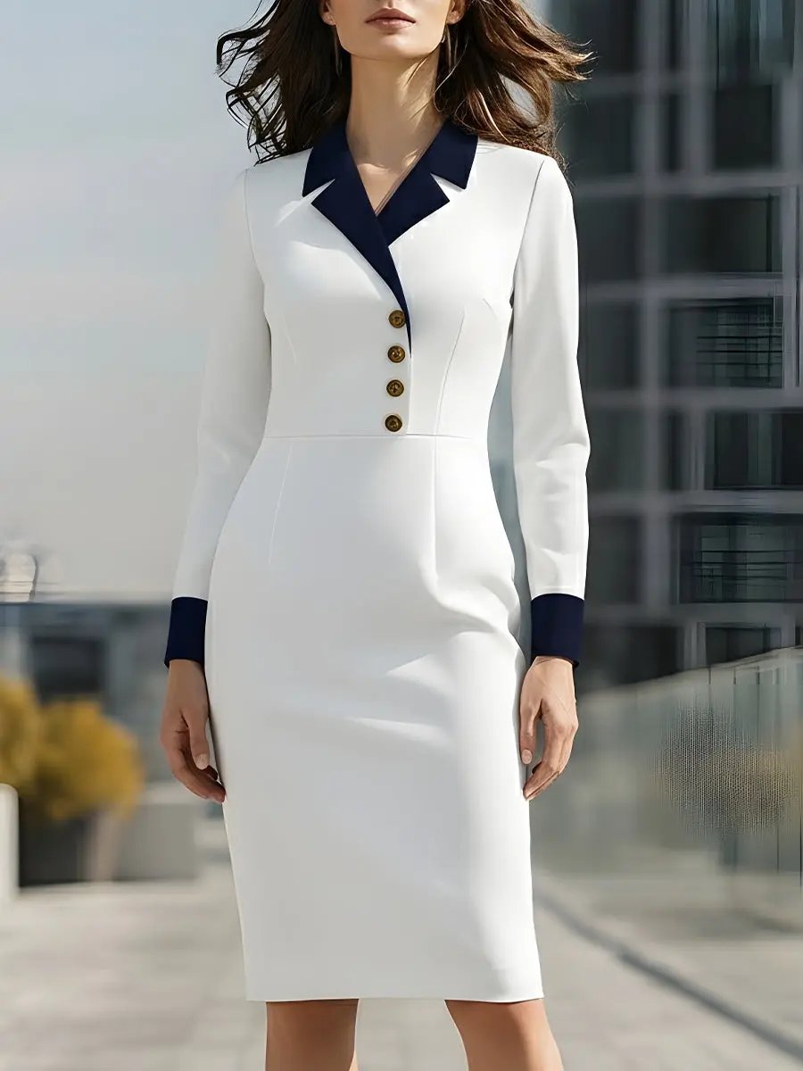 White Contrast Collar Gold-Button Detail - Midi Dress CAAYWORLD