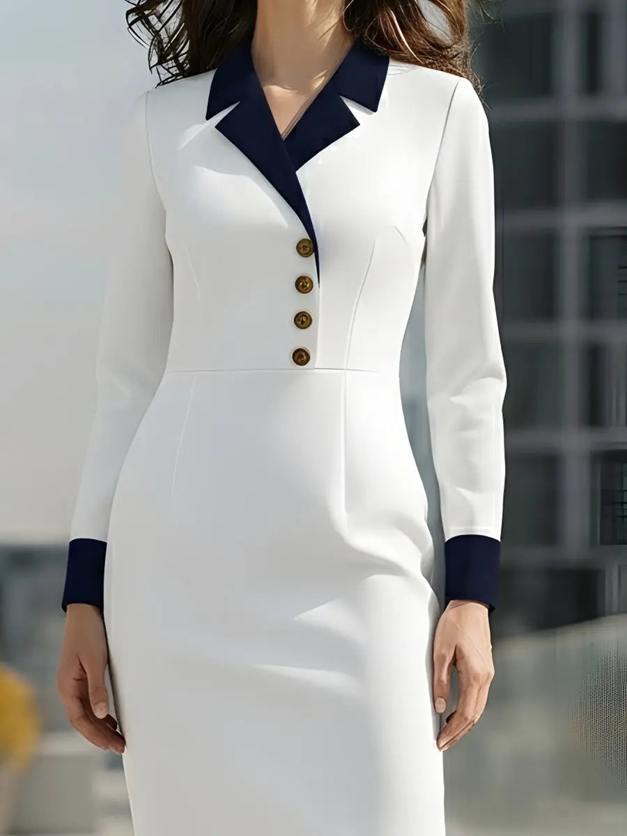 White Contrast Collar Gold-Button Detail - Midi Dress CAAYWORLD