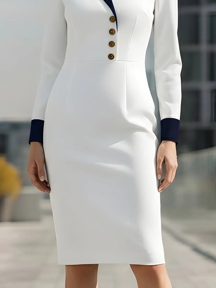 White Contrast Collar Gold-Button Detail - Midi Dress CAAYWORLD