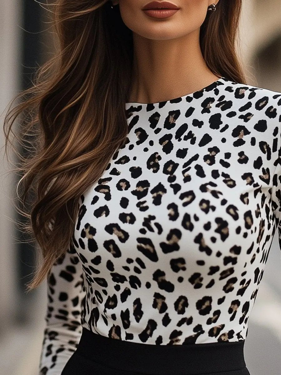 White Leopard Print High-Neck Stretch Tee - T-Shirt CAAYWORLD