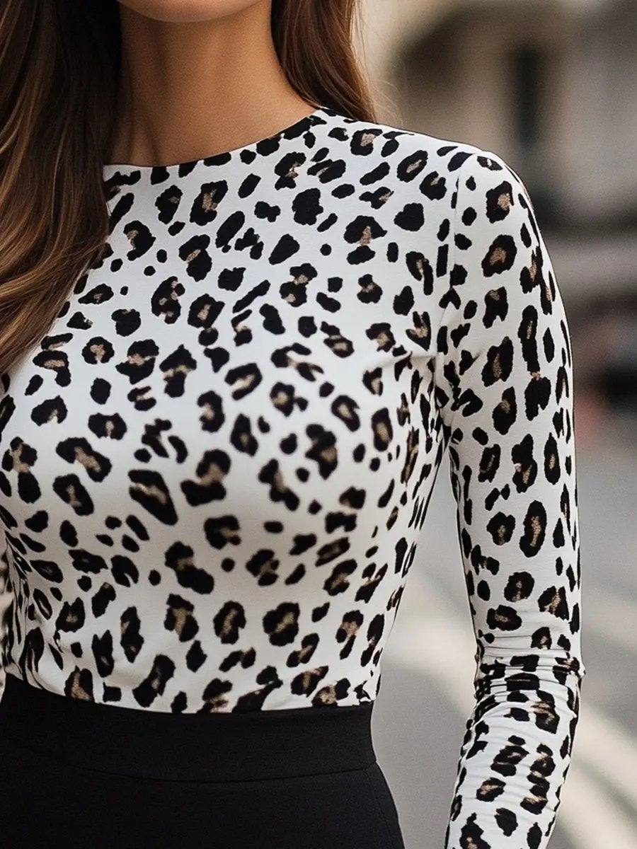 White Leopard Print High-Neck Stretch Tee - T-Shirt CAAYWORLD