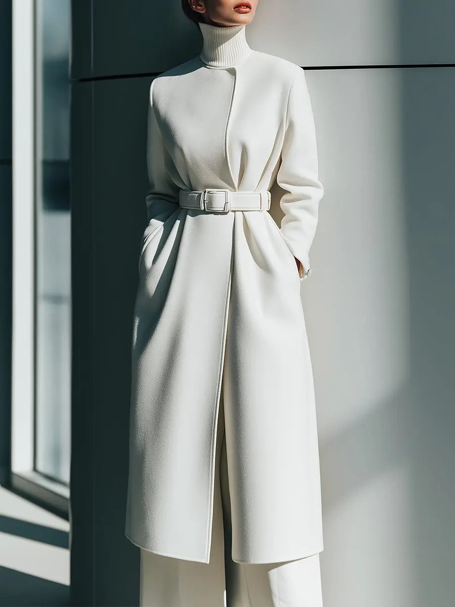 White Minimalist Belted Wool Overcoat - Coat CAAYWORLD