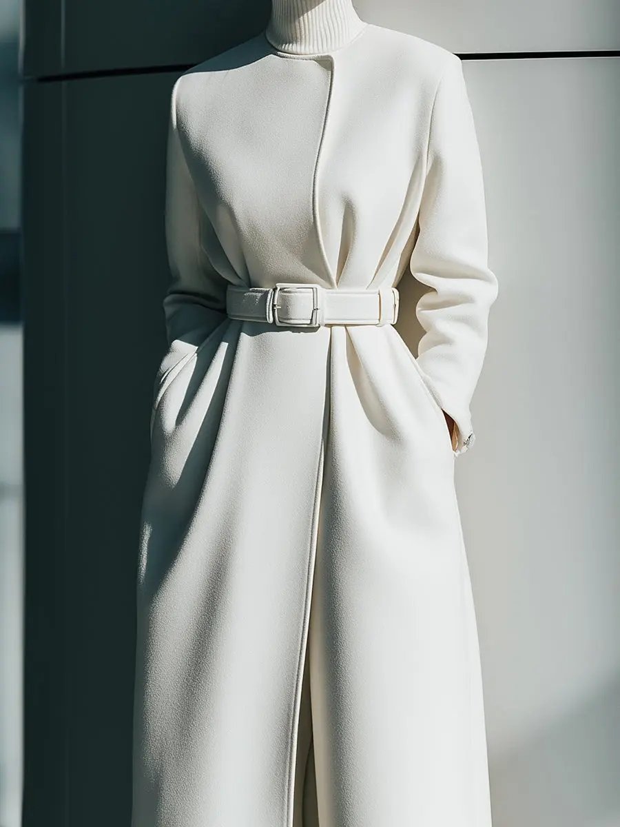 White Minimalist Belted Wool Overcoat - Coat CAAYWORLD