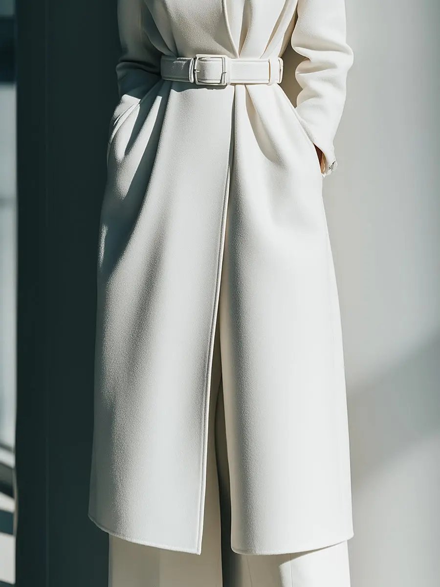 White Minimalist Belted Wool Overcoat - Coat CAAYWORLD