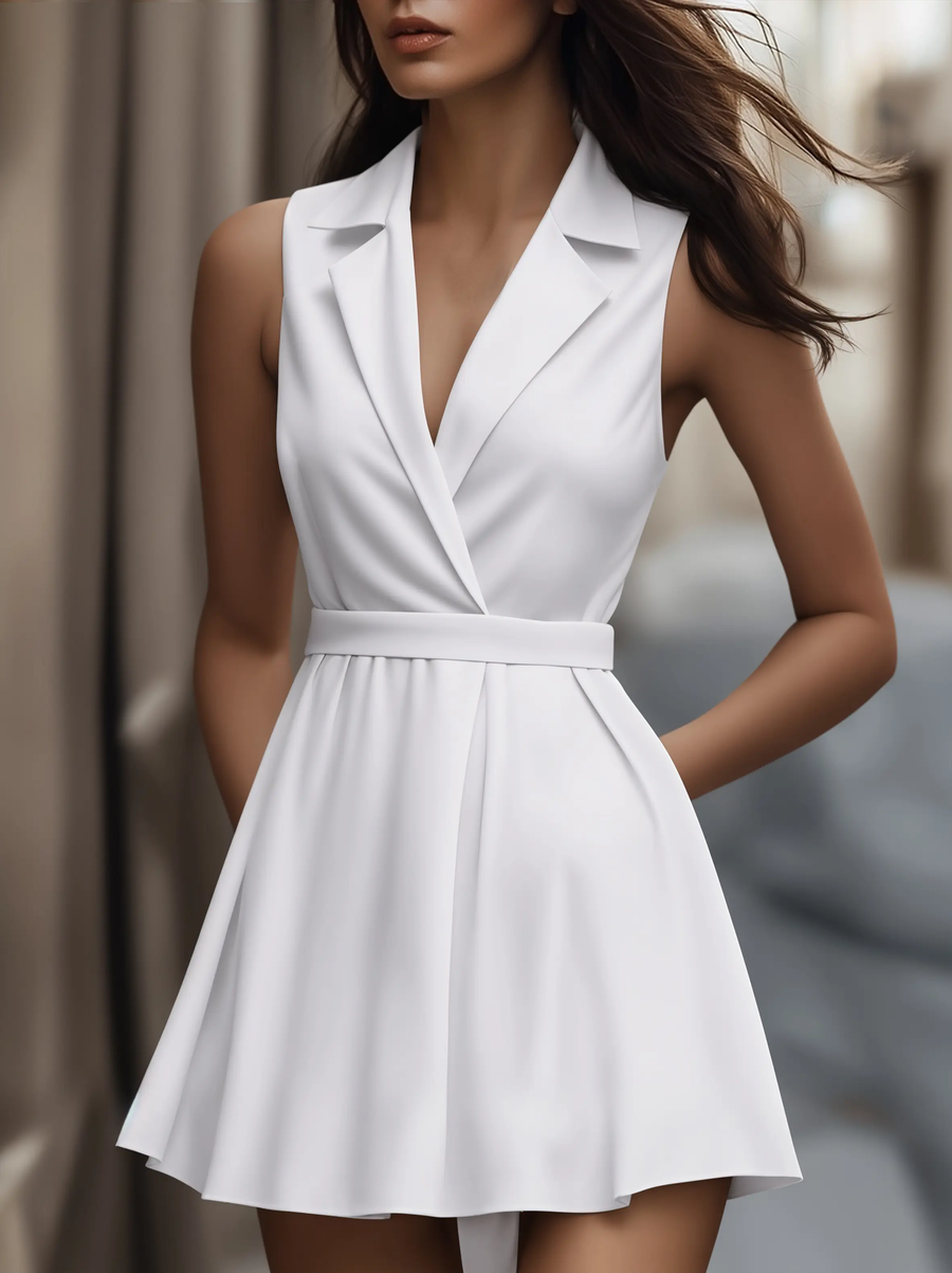 White Pleated Button-Front Shirt Dress - Mini Dress CAAYWORLD
