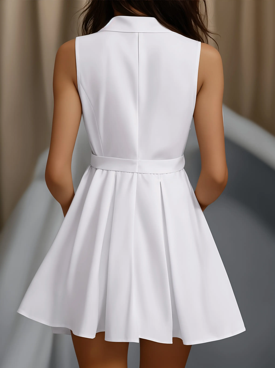 White Pleated Button-Front Shirt Dress - Mini Dress CAAYWORLD