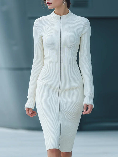 White Ribbed Zip-Front Knit Bodycon - Midi Dress CAAYWORLD