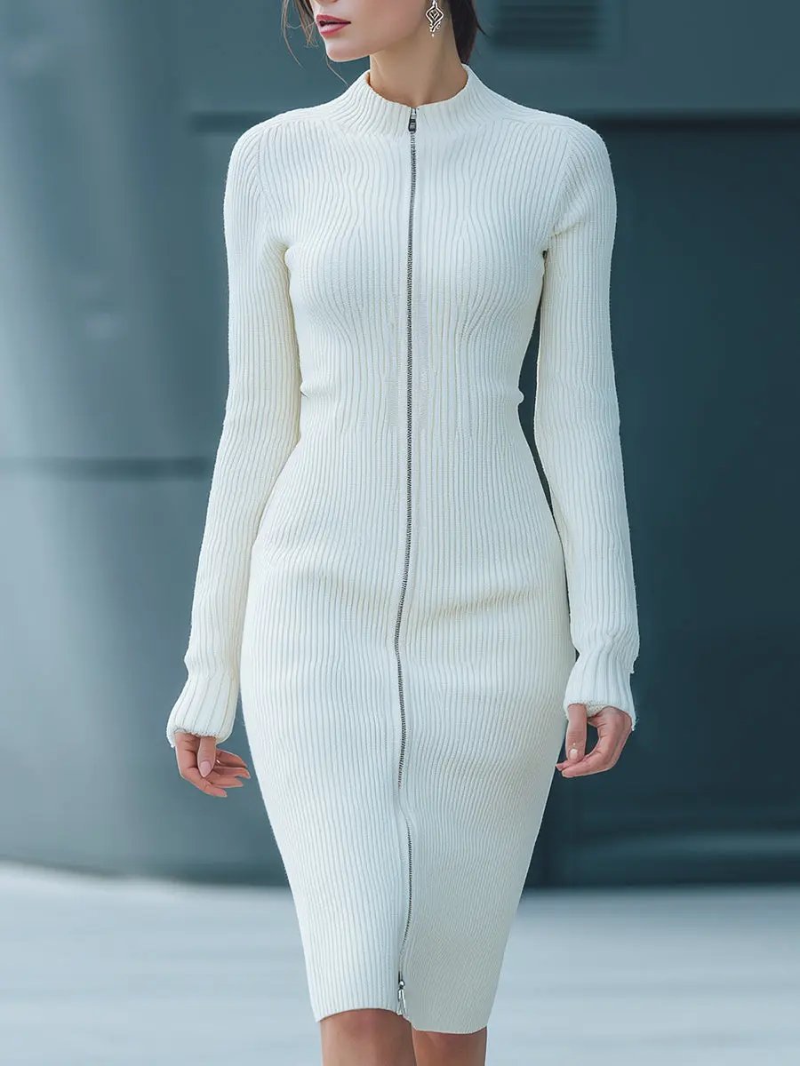 White Ribbed Zip-Front Knit Bodycon - Midi Dress CAAYWORLD