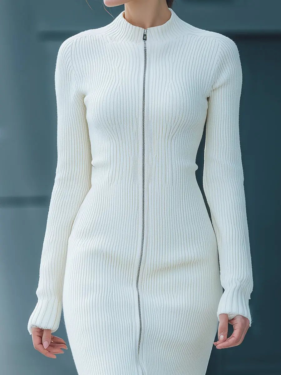 White Ribbed Zip-Front Knit Bodycon - Midi Dress CAAYWORLD