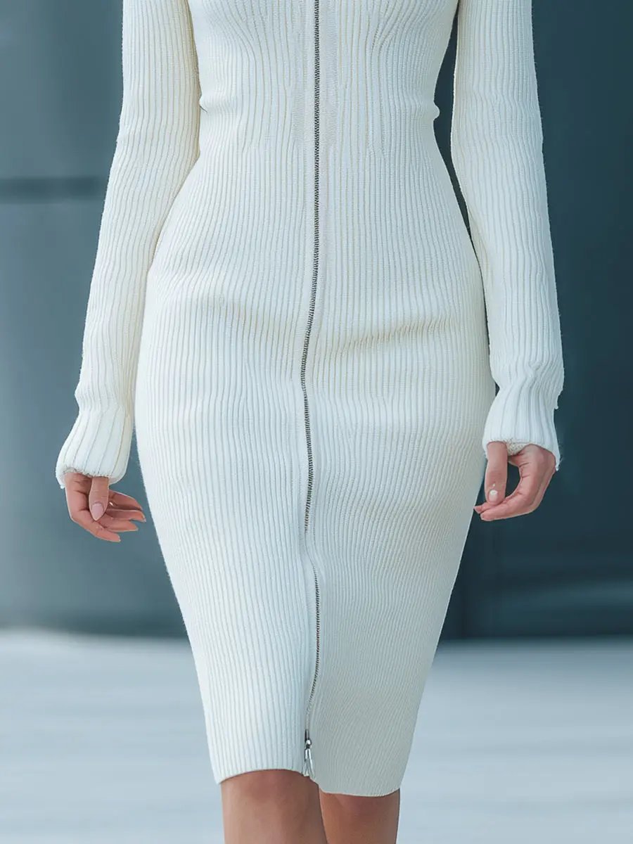 White Ribbed Zip-Front Knit Bodycon - Midi Dress CAAYWORLD