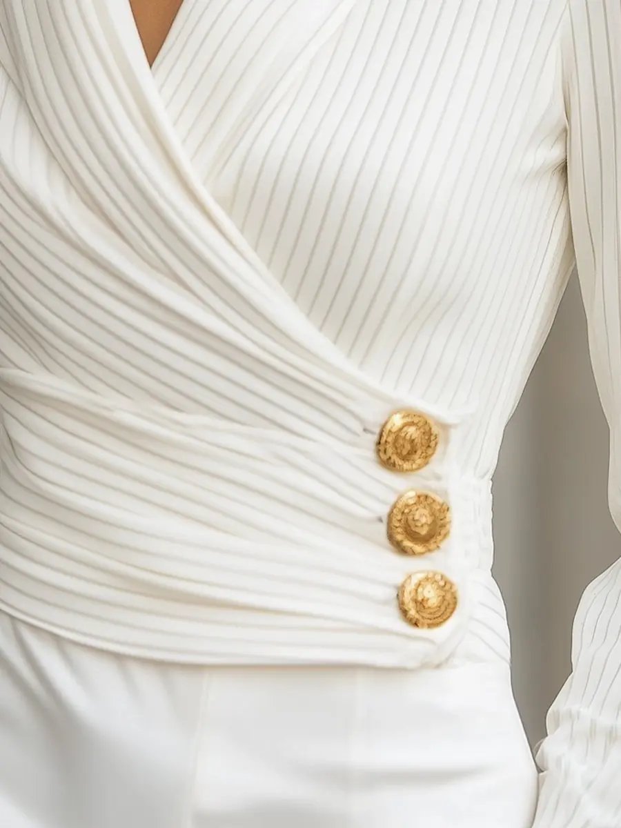 White Striped Pleated Wrap with Gold Buttons - Blouse CAAYWORLD