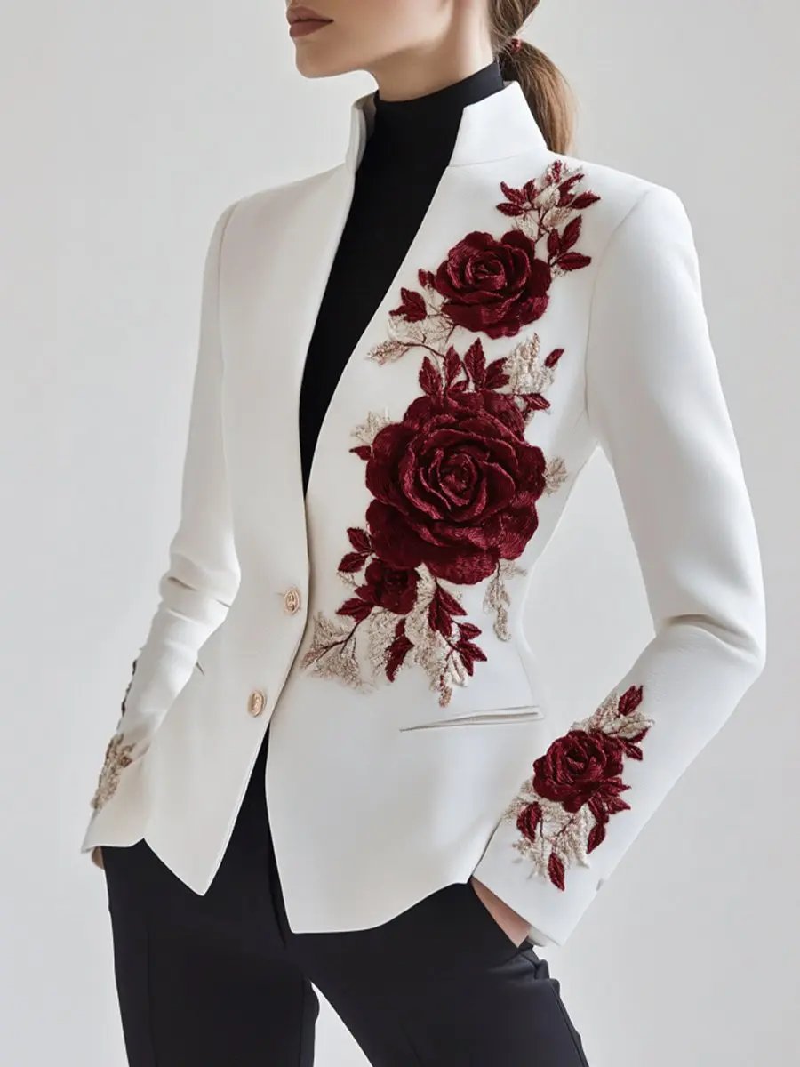 White Tailored Blazer with Red Rose Embroidery - Blazer CAAYWORLD