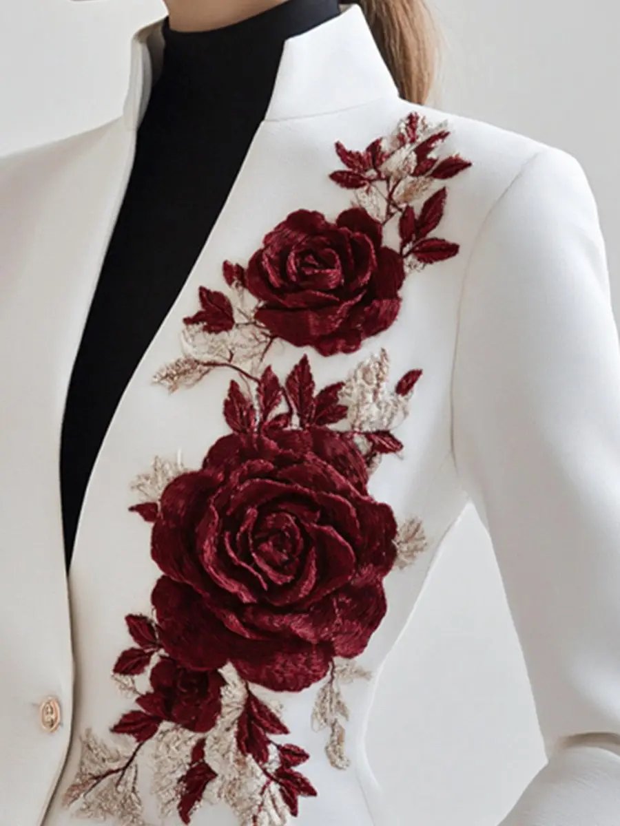 White Tailored Blazer with Red Rose Embroidery - Blazer CAAYWORLD
