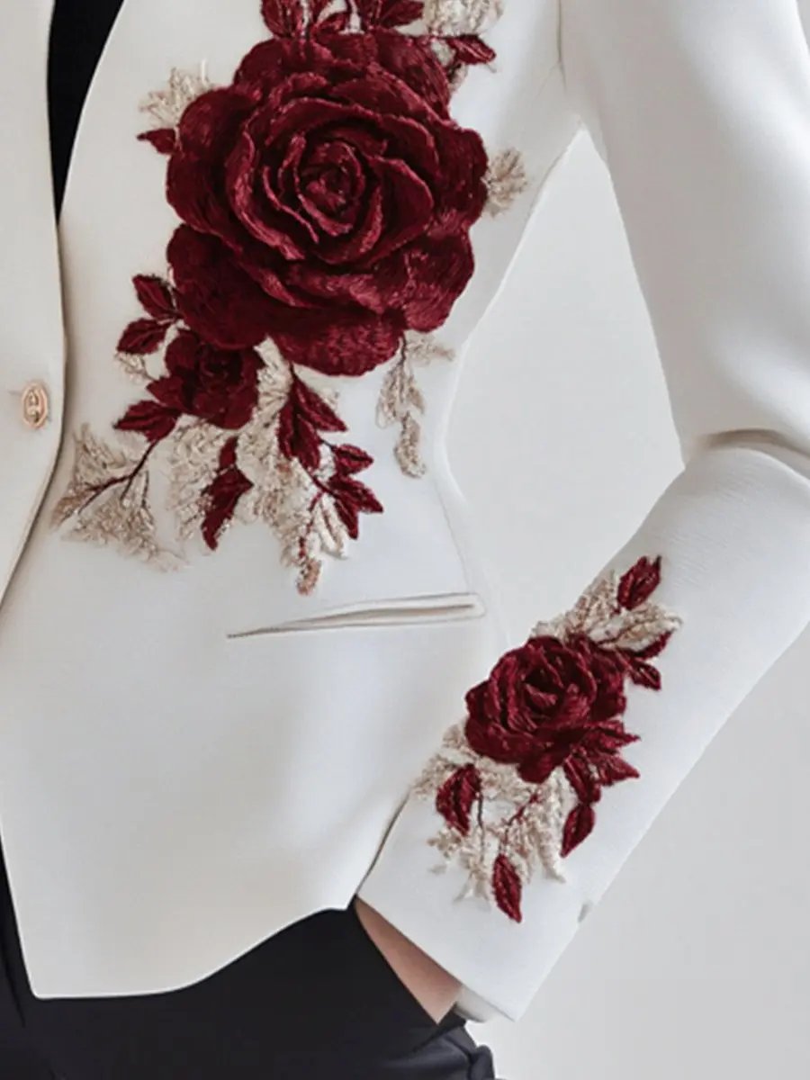 White Tailored Blazer with Red Rose Embroidery - Blazer CAAYWORLD