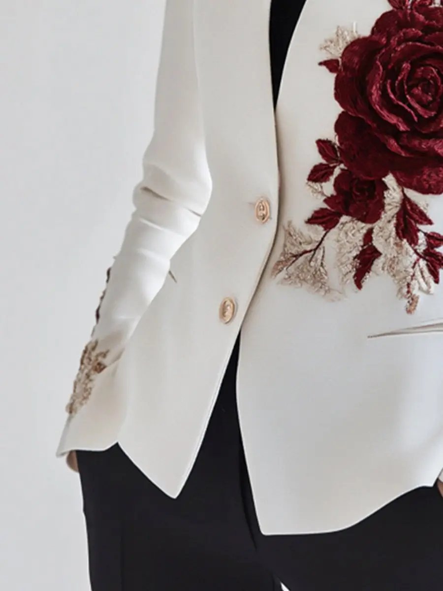 White Tailored Blazer with Red Rose Embroidery - Blazer CAAYWORLD
