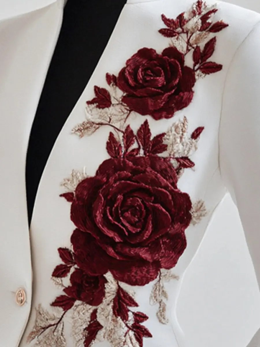 White Tailored Blazer with Red Rose Embroidery - Blazer CAAYWORLD