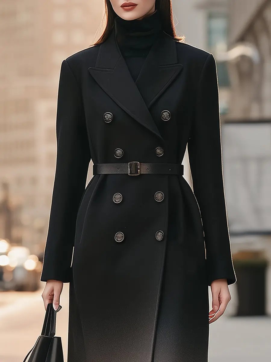 Women's Black Ombre Double-Breasted Belted - Coat CAAYWORLD