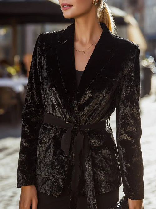 Women's Black Velvet Belted Tailored Blazer - Blazer CAAYWORLD