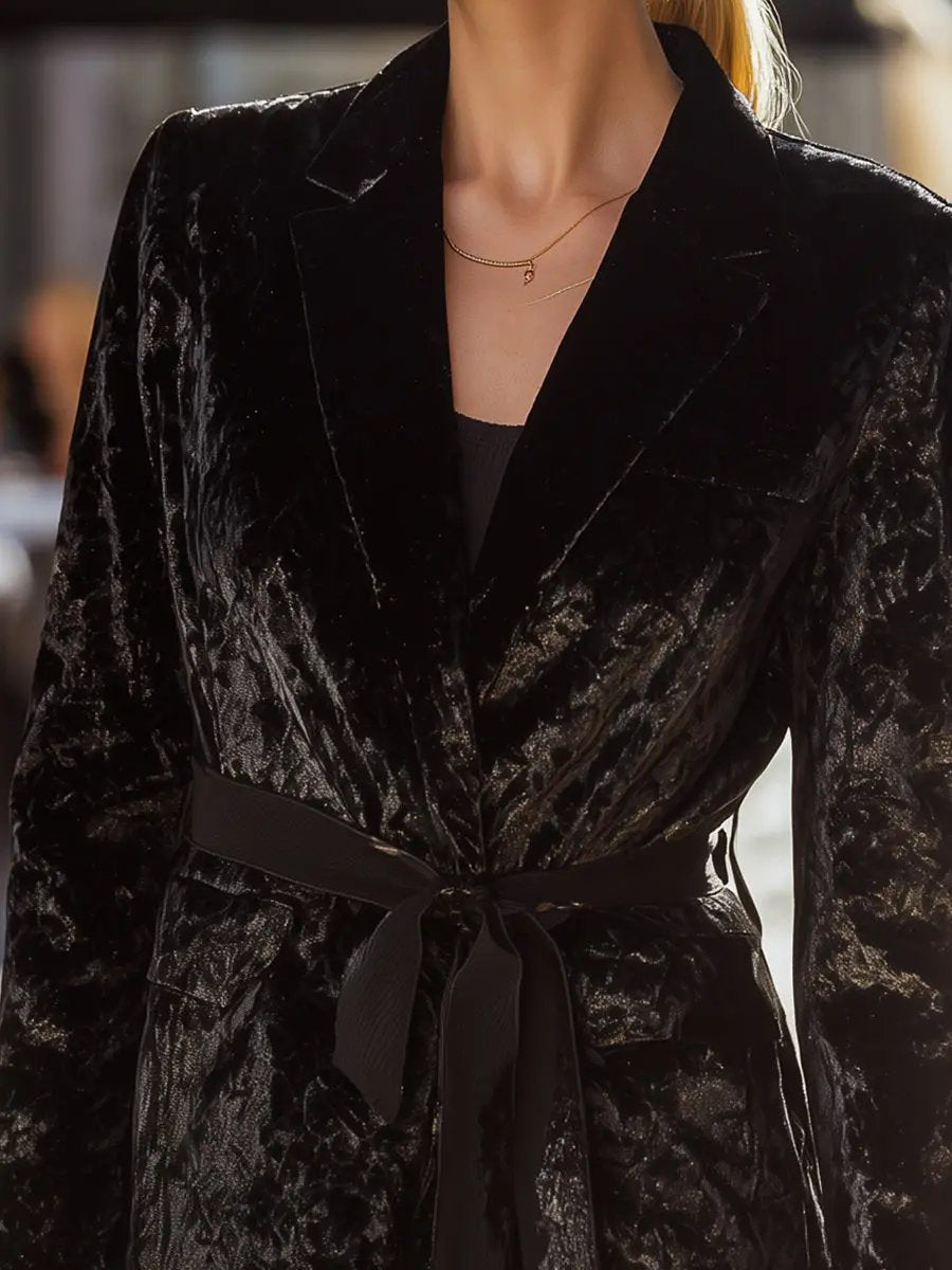 Women's Black Velvet Belted Tailored Blazer - Blazer CAAYWORLD