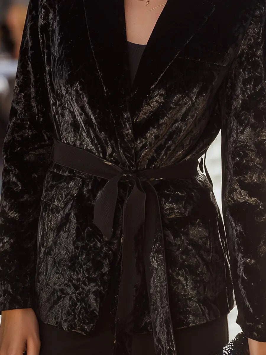 Women's Black Velvet Belted Tailored Blazer - Blazer CAAYWORLD