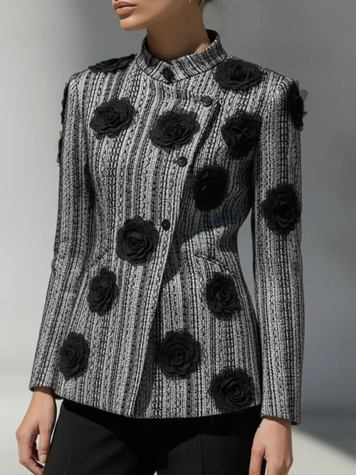 Women's Black & White Striped Floral Appliqué - Jacket CAAYWORLD