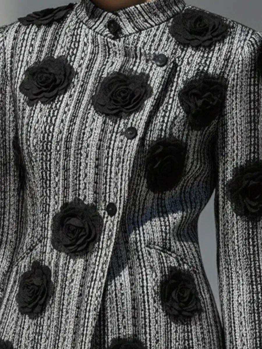 Women's Black & White Striped Floral Appliqué - Jacket CAAYWORLD