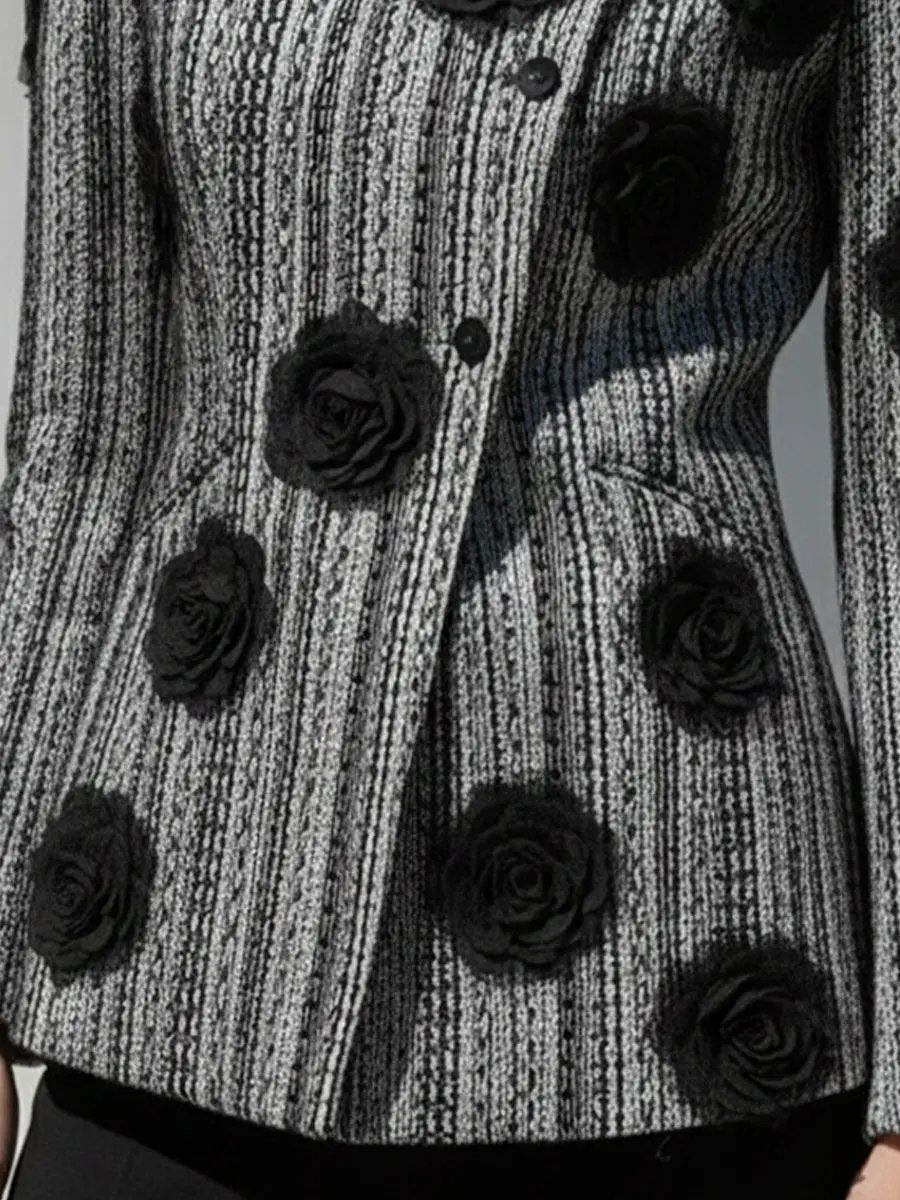 Women's Black & White Striped Floral Appliqué - Jacket CAAYWORLD