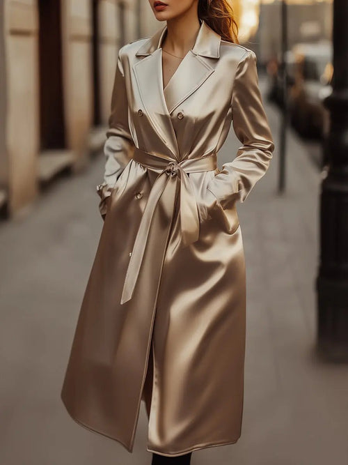 Women's Champagne Satin Tailored Trench, Timeless Elegance - Trench Coat CAAYWORLD