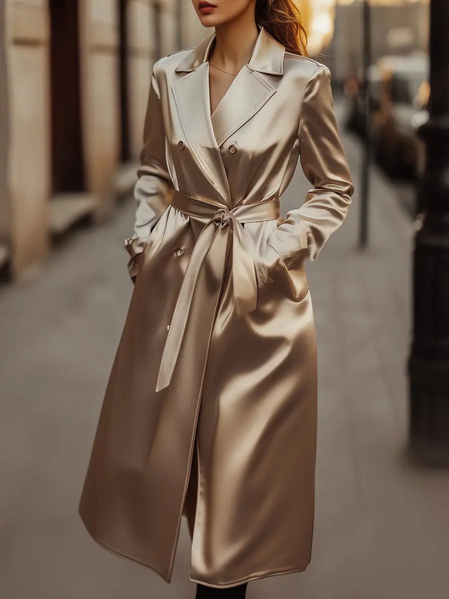Women's Champagne Satin Tailored Trench, Timeless Elegance - Trench Coat CAAYWORLD