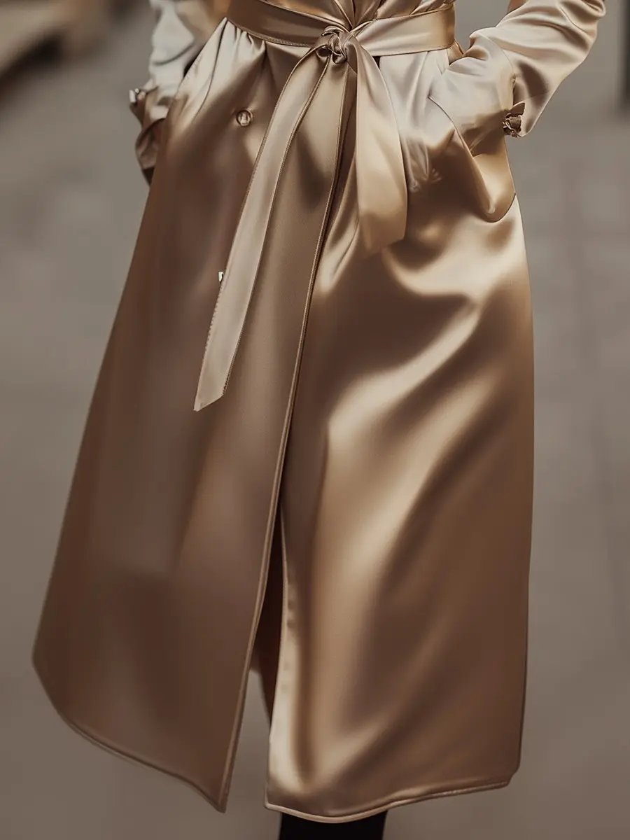 Women's Champagne Satin Tailored Trench, Timeless Elegance - Trench Coat CAAYWORLD