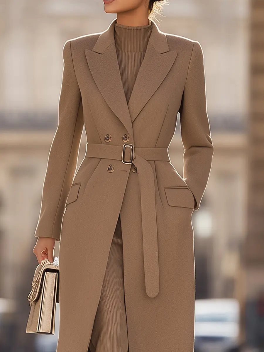 Women's Chic Belted Long Camel Coat - Coat CAAYWORLD