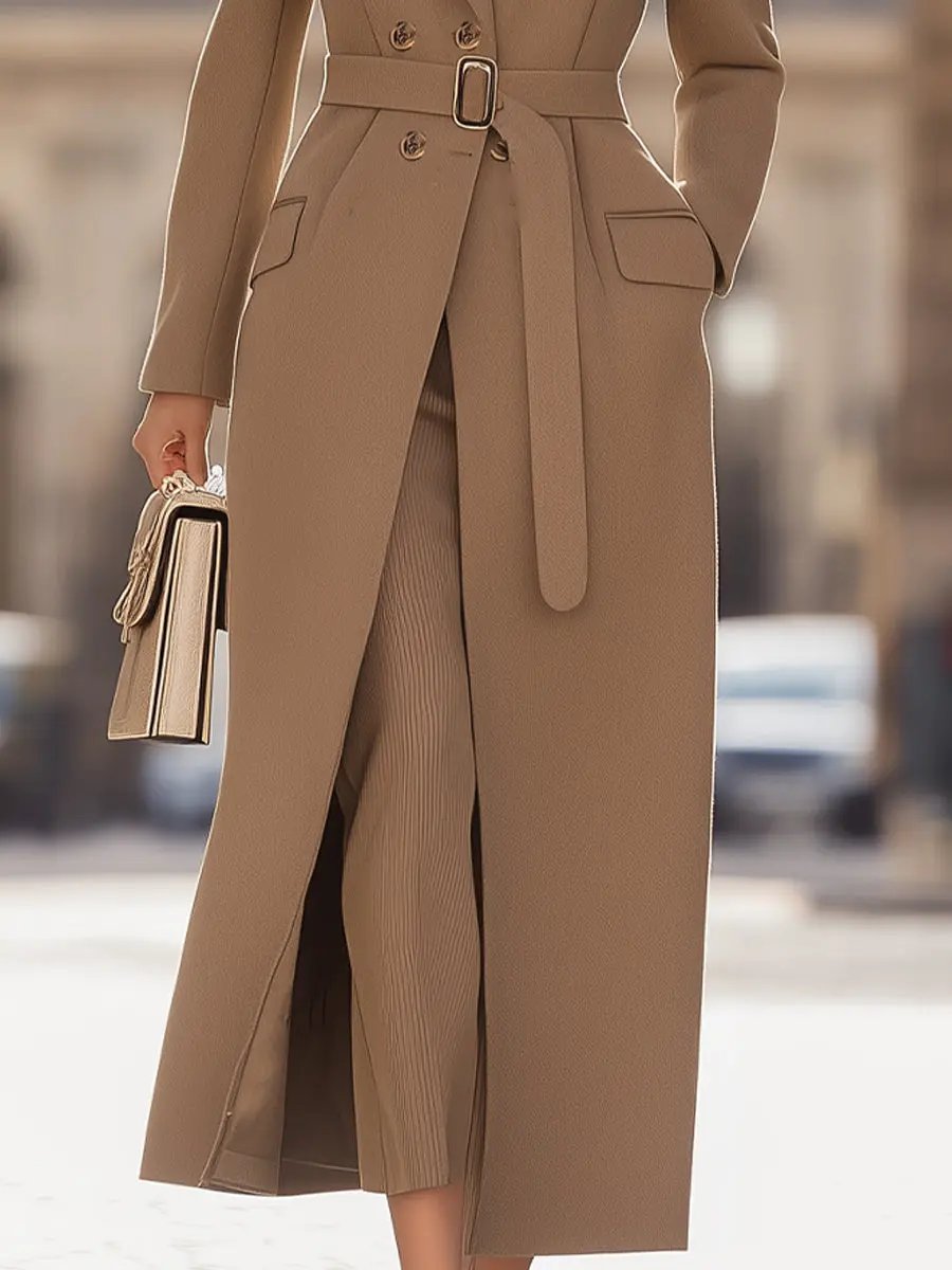 Women's Chic Belted Long Camel Coat - Coat CAAYWORLD