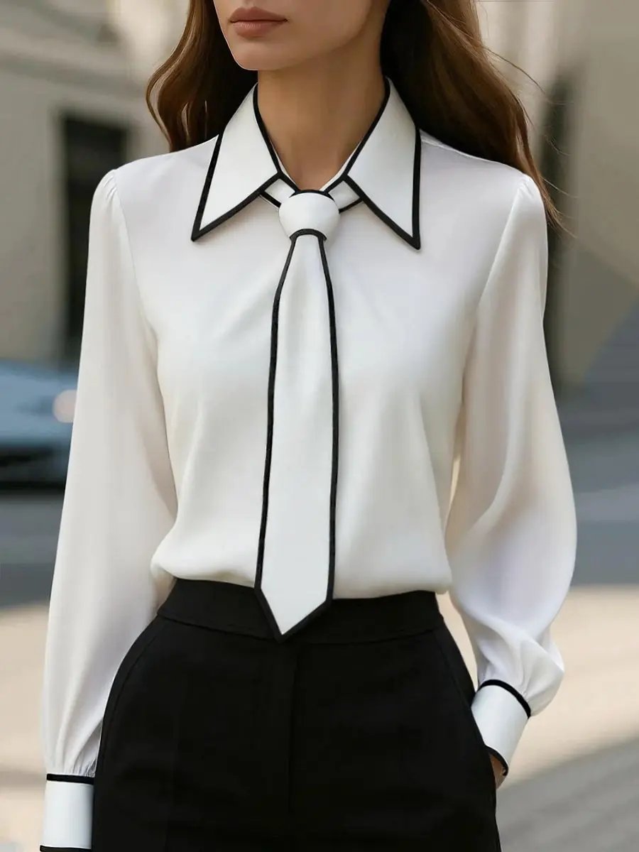 Women's Chic Contrast-Trim Tie-Neck Bow - Blouse CAAYWORLD