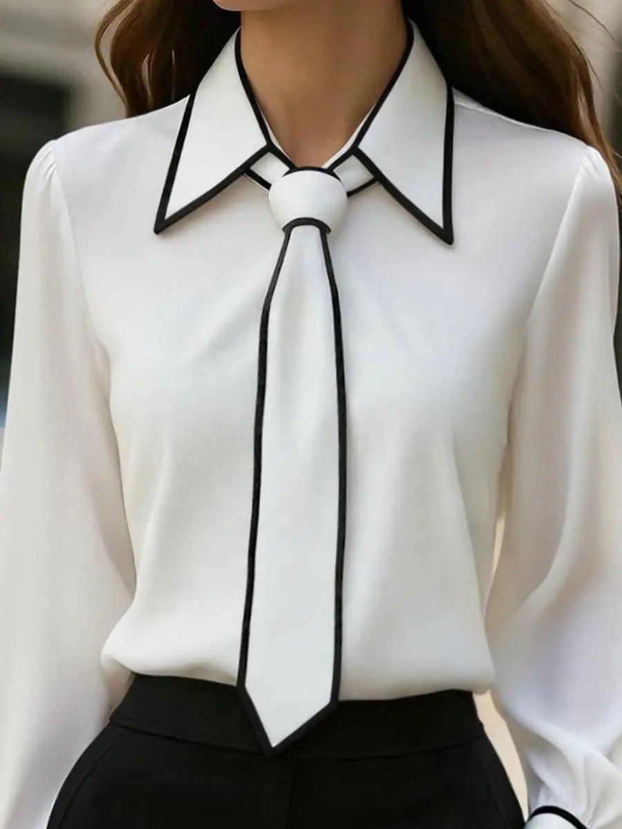 Women's Chic Contrast-Trim Tie-Neck Bow - Blouse CAAYWORLD