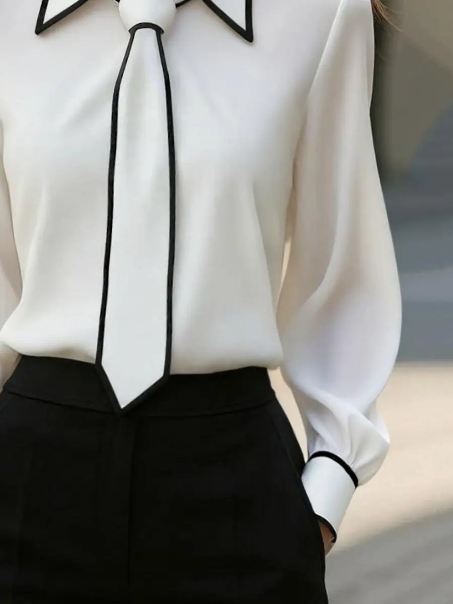 Women's Chic Contrast-Trim Tie-Neck Bow - Blouse CAAYWORLD